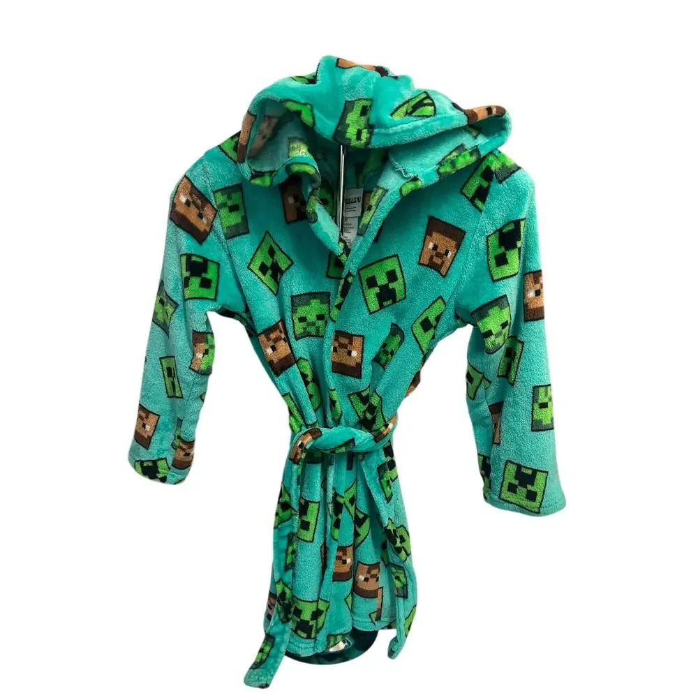 Minecraft hooded fleece bathrobe creeper and Steve face graphics bright teal